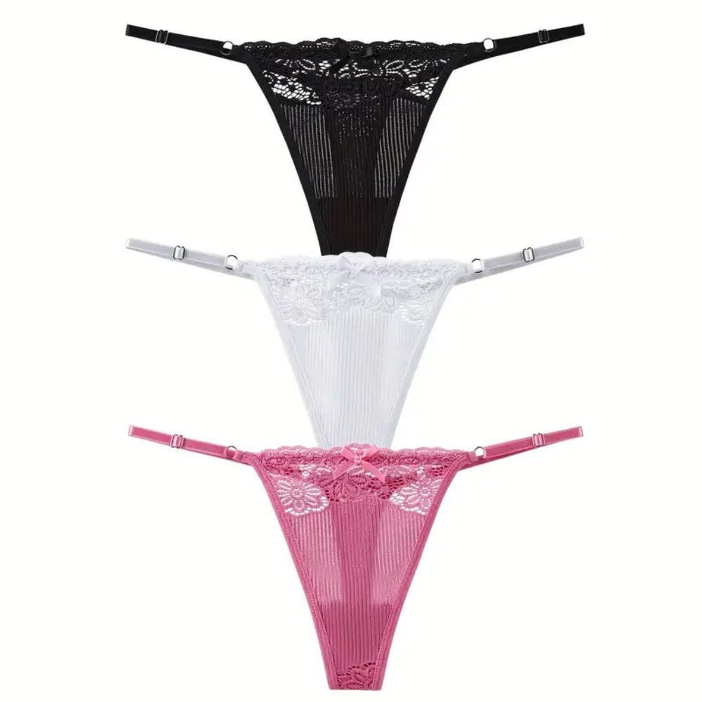 3-Piece Floral Lace Stitched Thong Panty Set